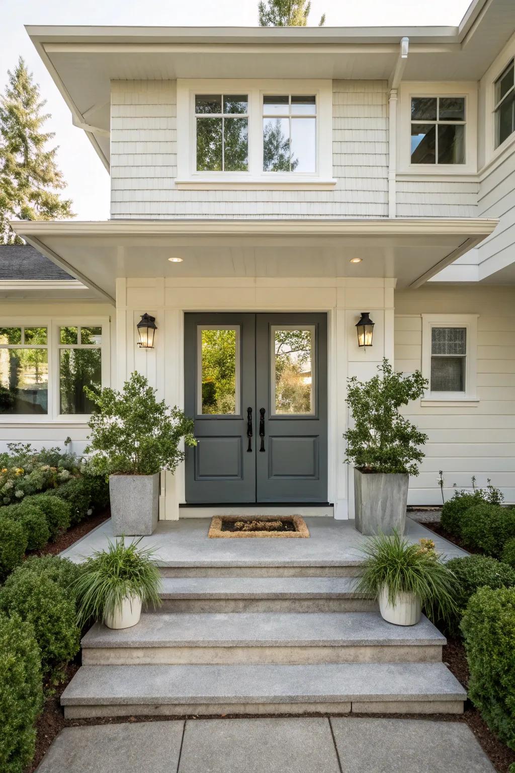 Symmetrical arrangements cultivate a balanced and harmonious entrance.