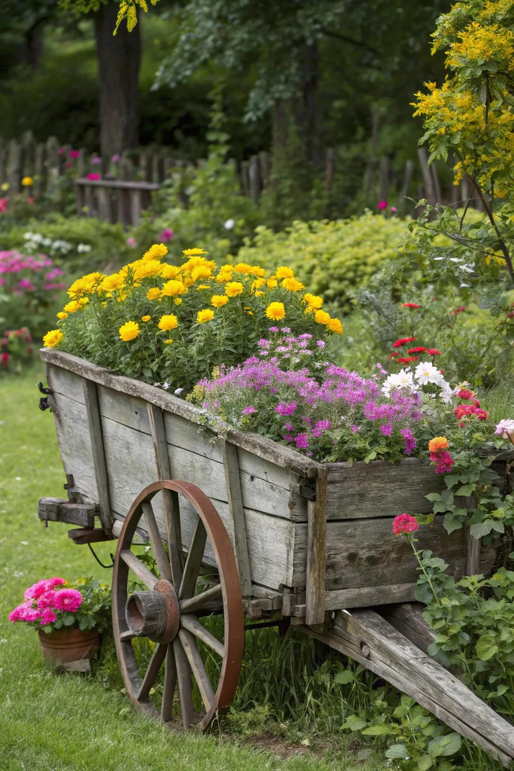 A vintage cart transformed into a charming planter.