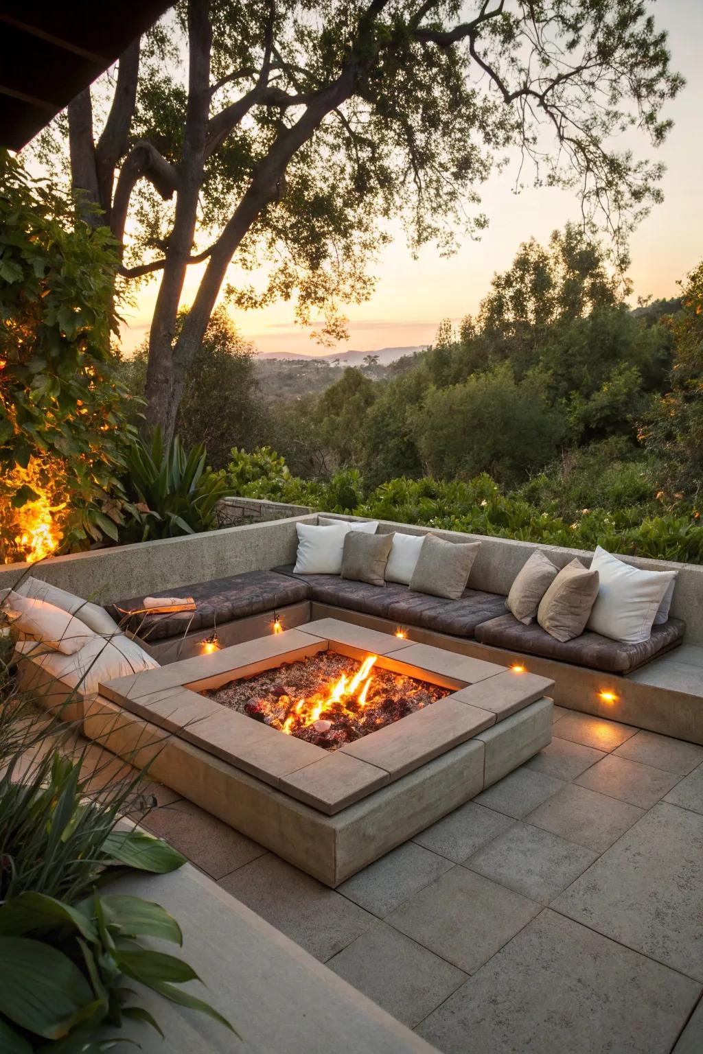 A sunken hearth provides an intimate, cozy atmosphere.