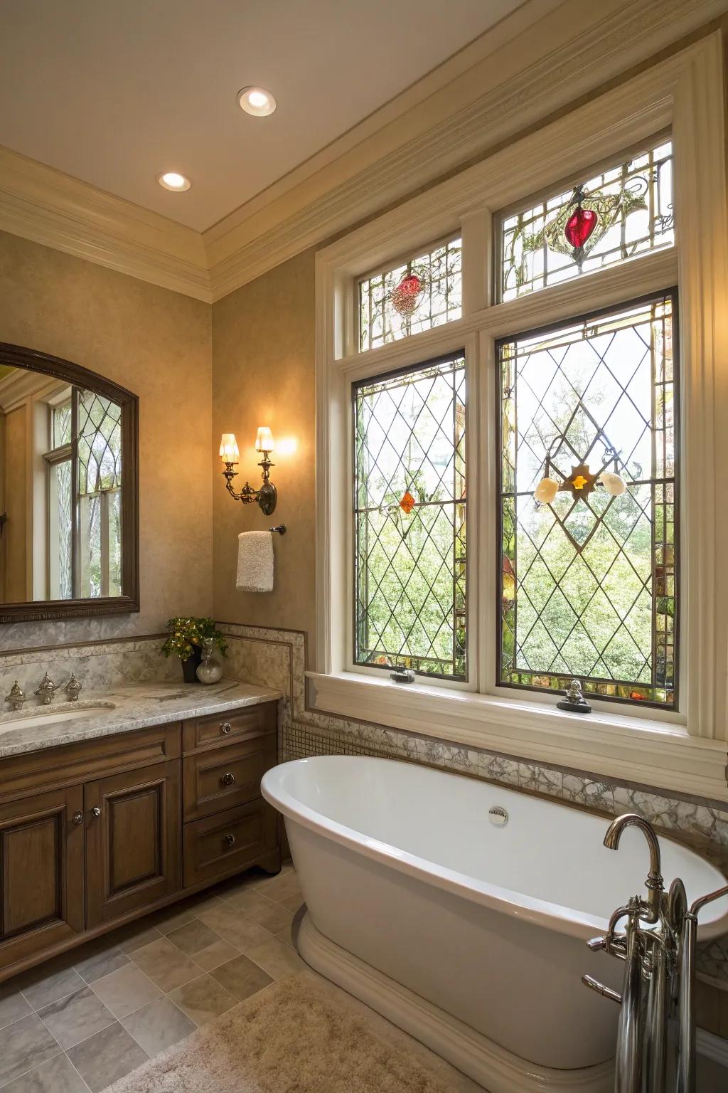 Dyed glass frames append opulence and artistic flair.