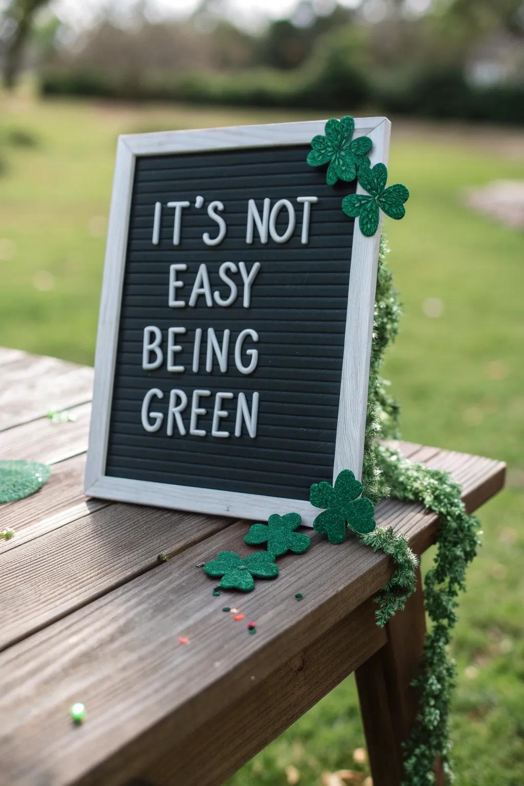 A humorous and eco-mindful changeable message display for St. Patrick's Day.