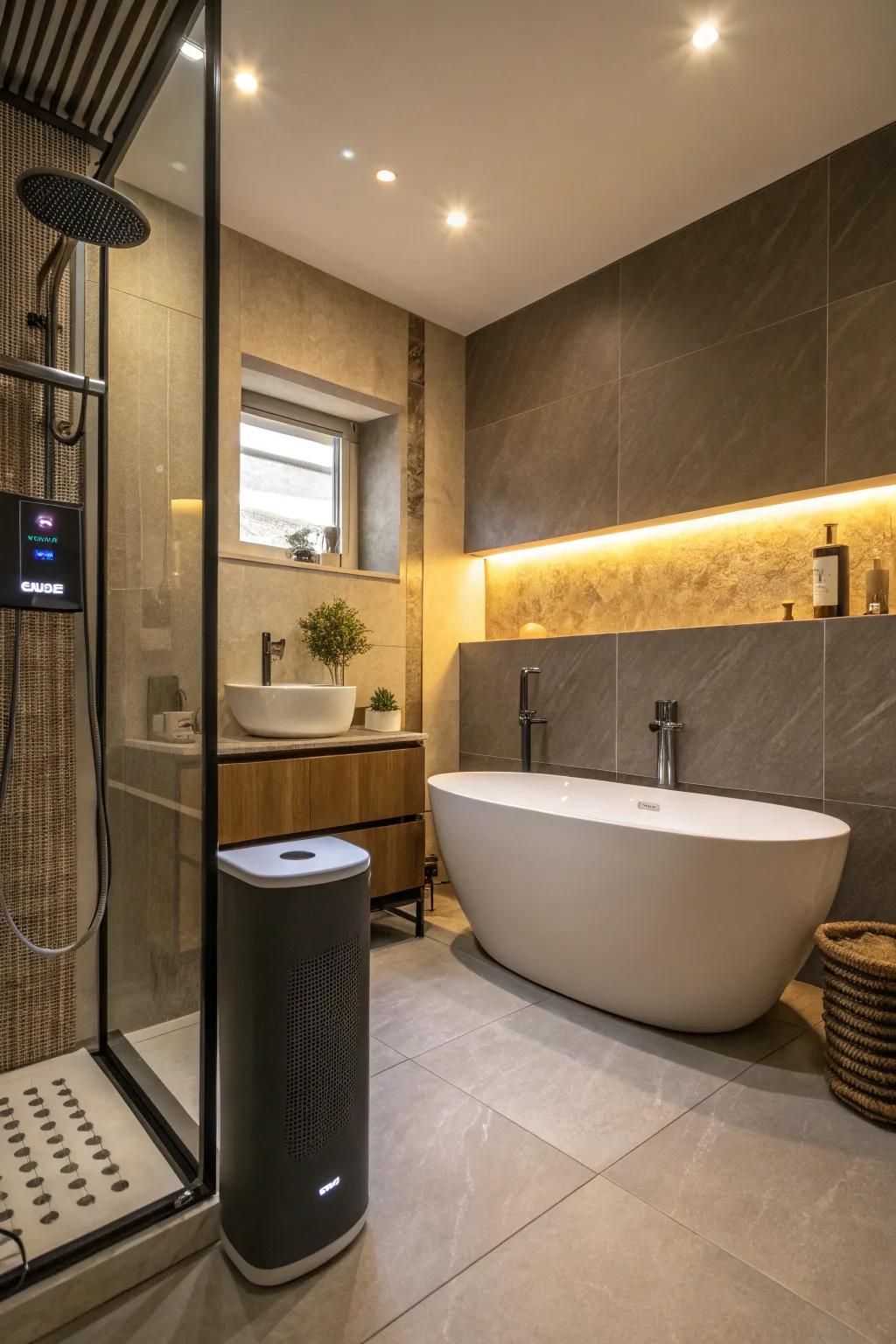 Ambient sound introduces an element of comfort and privacy inside the restroom.