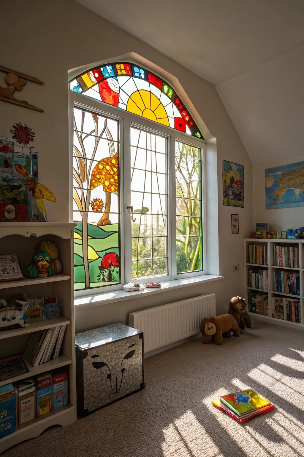 Stained glass designs impart playful charm to children's chambers.