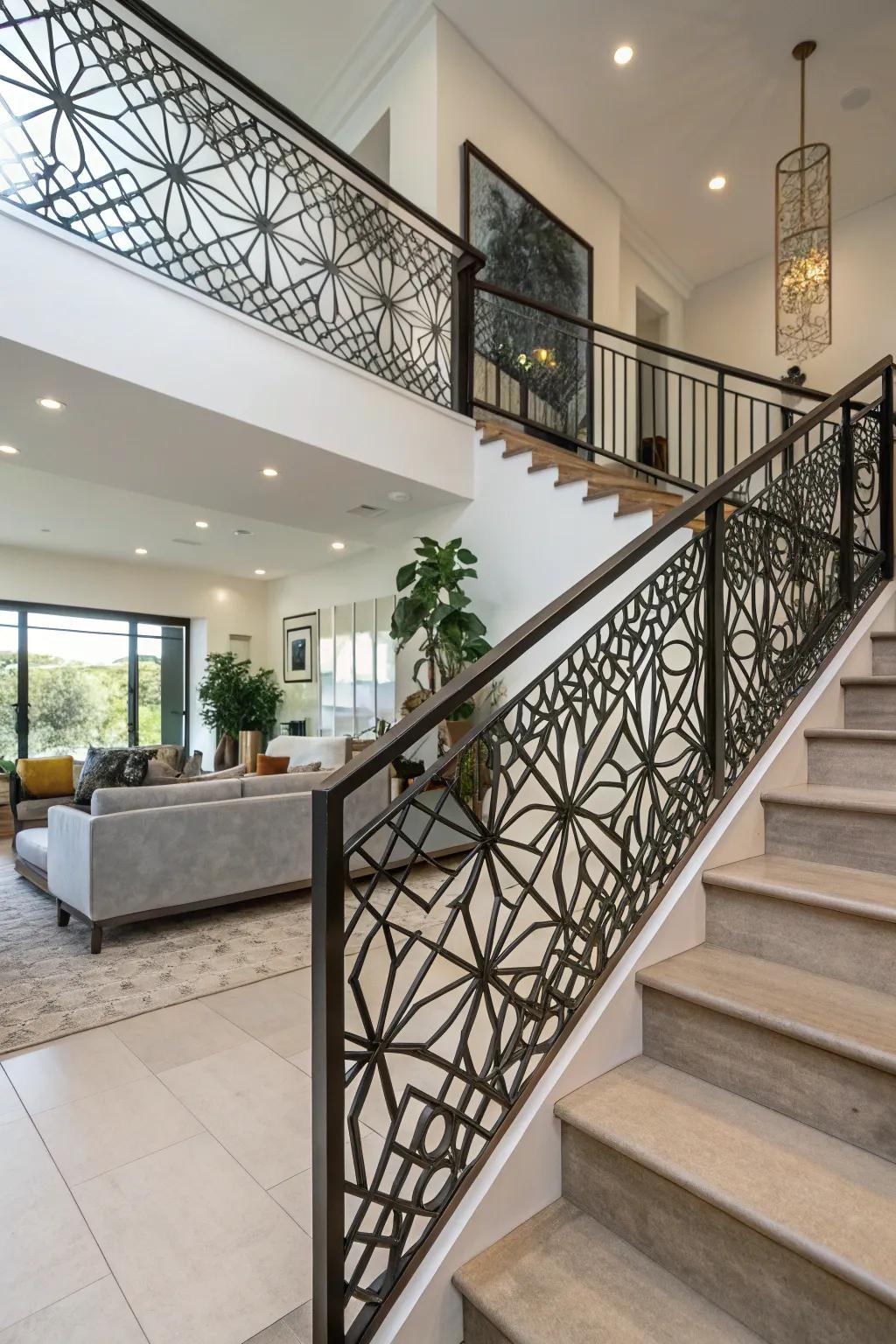 Geometric patterns add a striking modern touch to railings.