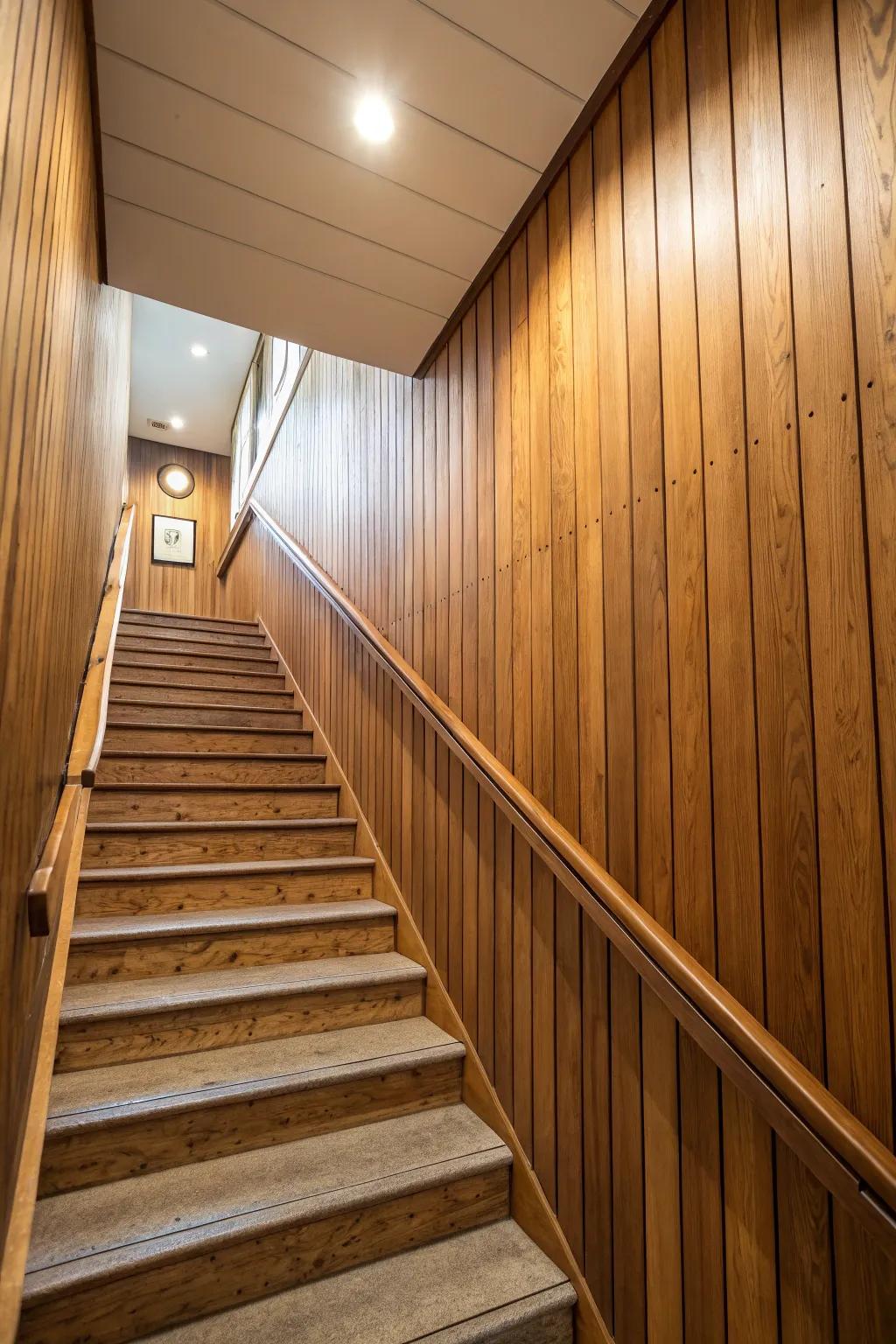 Wooden paneling introduces texture and interest.