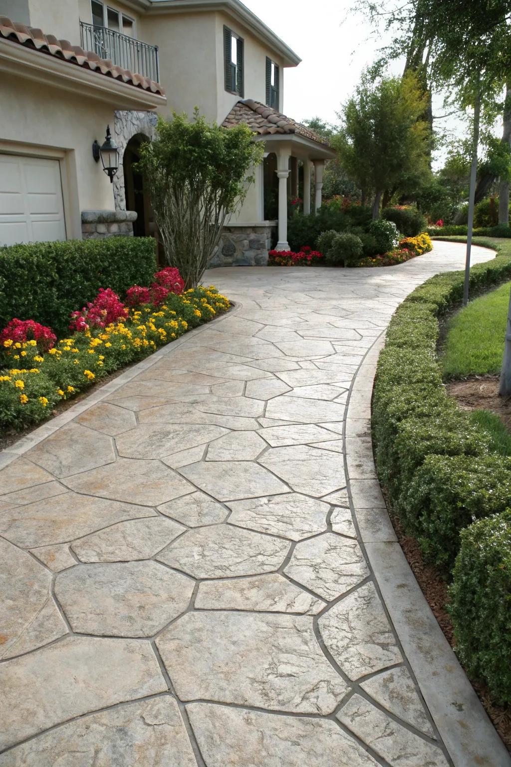 Organic stone designs provide an upscale aesthetic across this driveway.