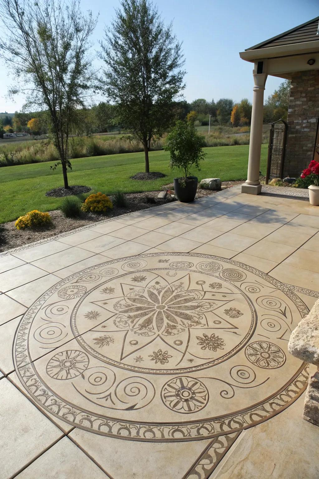 A stamped concrete patio featuring a striking medallion design.