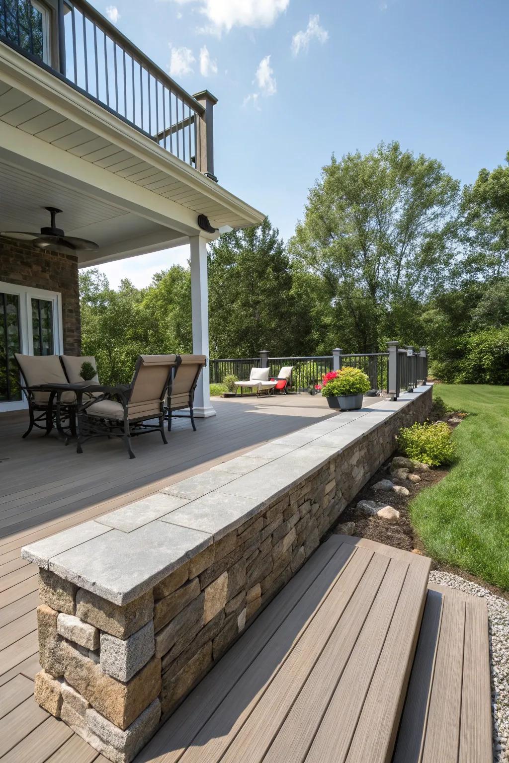 A deck that stays pristine using lasting, minimal-upkeep rock trim.