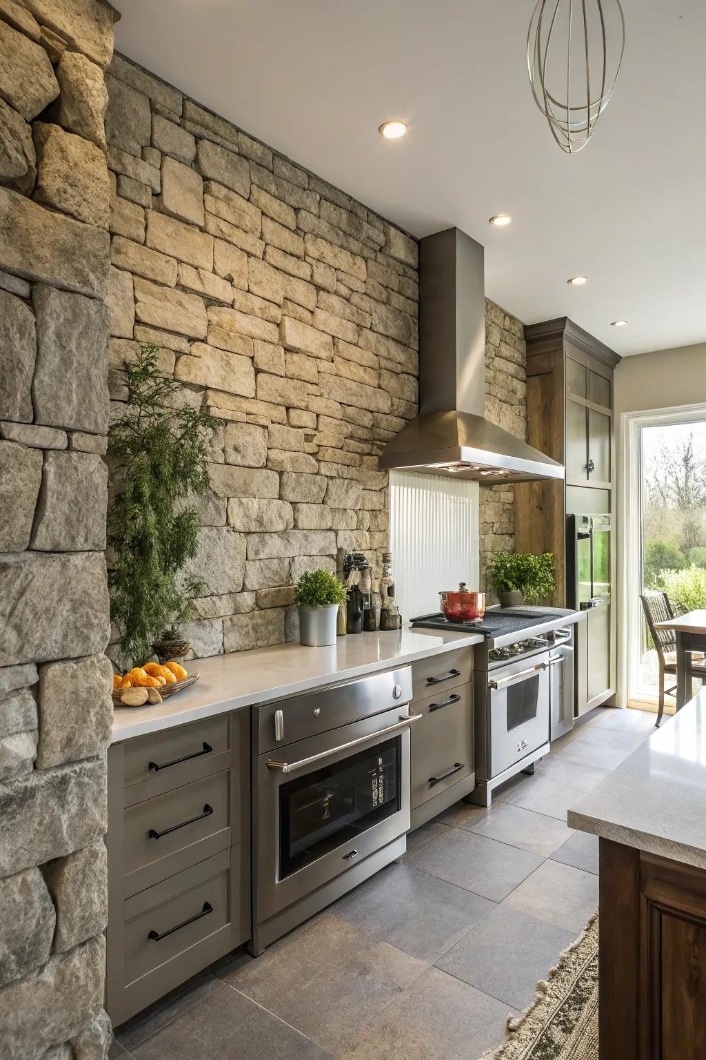 A rustic yet contemporary stone wall in the kitchen.