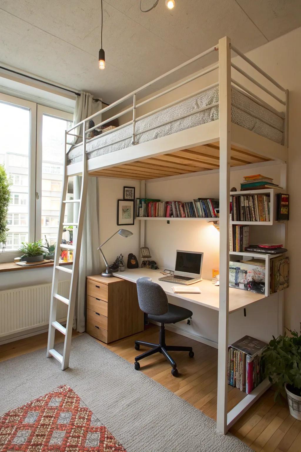 A loft bed capitalizes on vertical area in a studio.