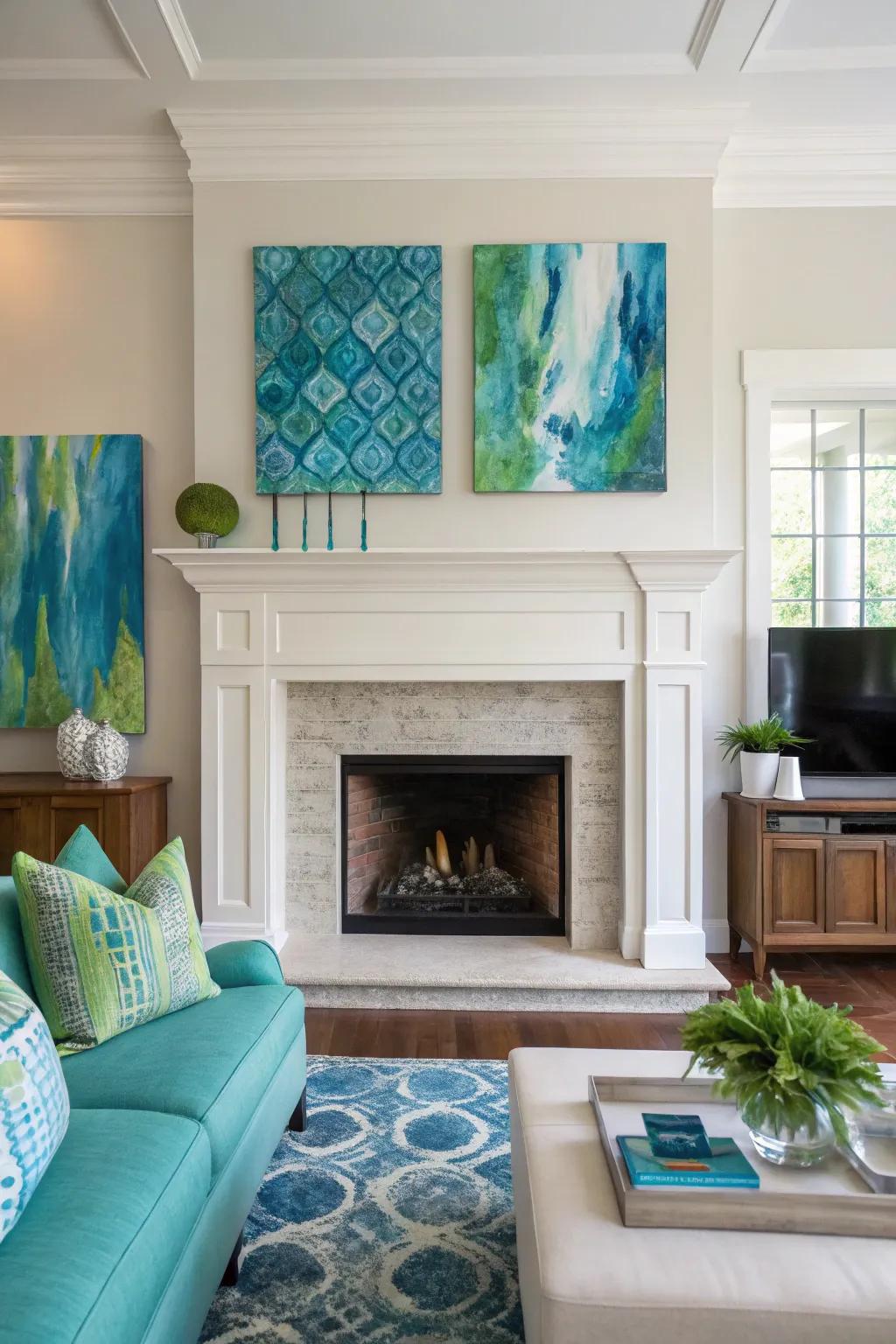 Artwork in summer tones adds an artistic touch to your mantel.