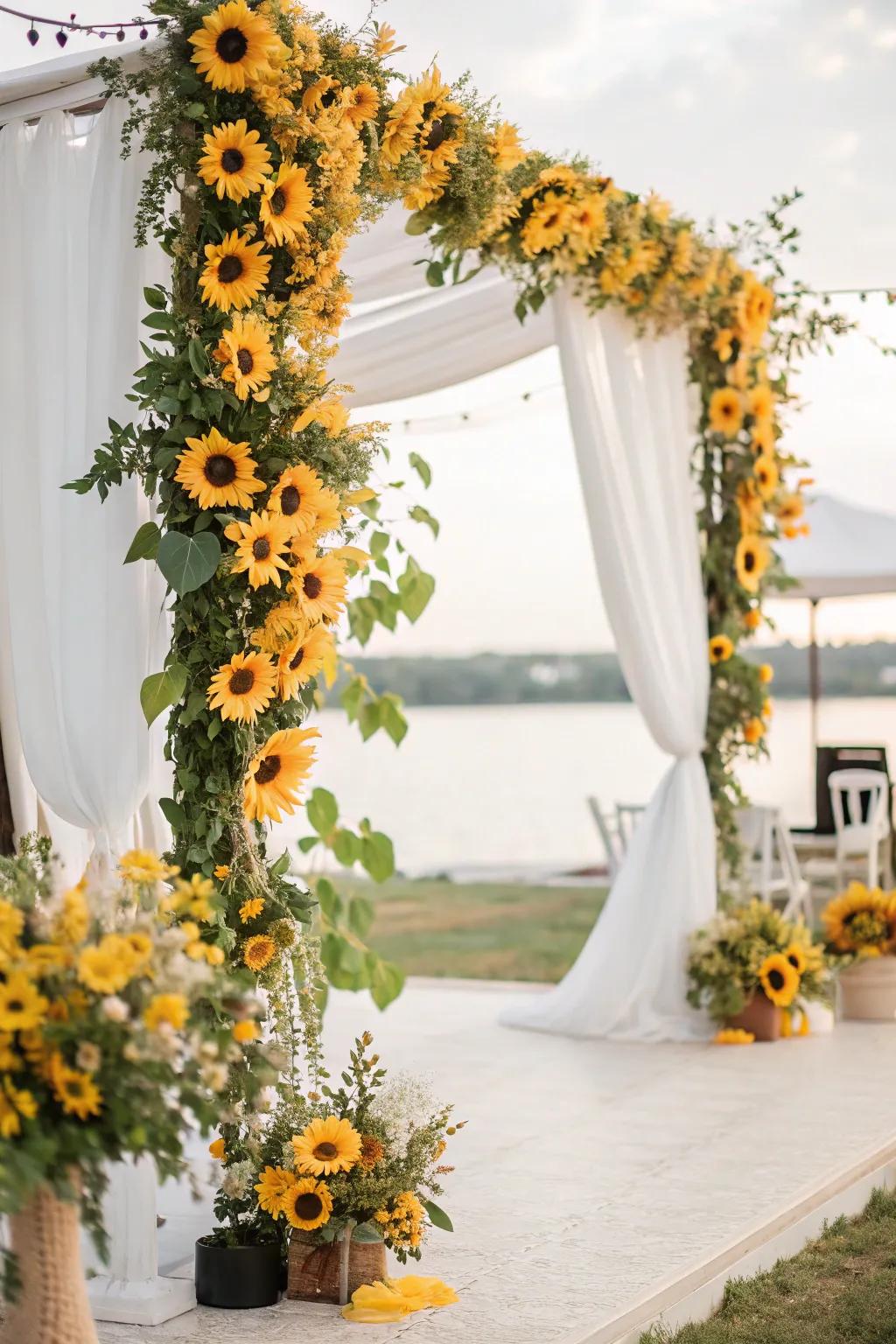A vibrant photo backdrop decorated with sunflowers.