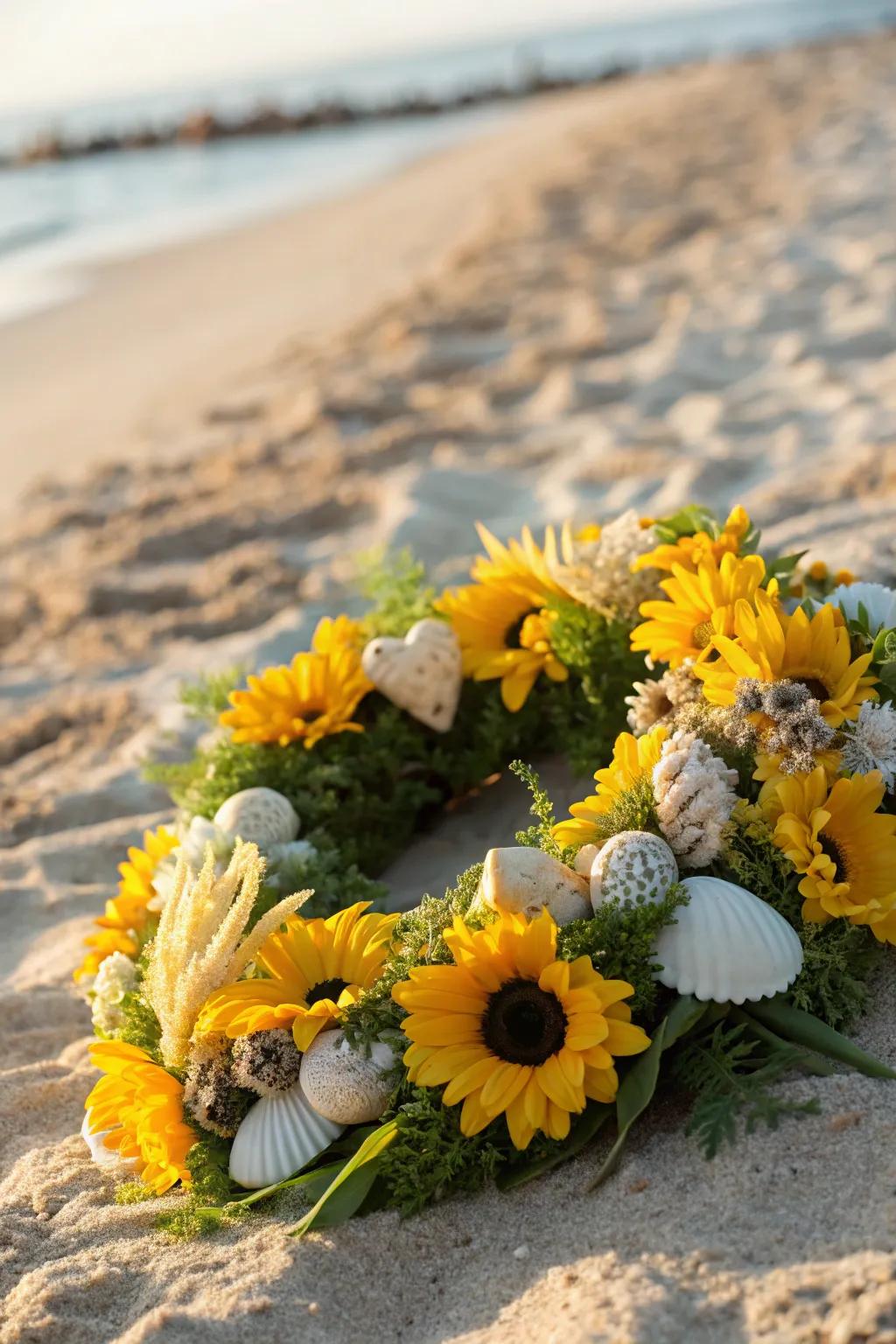 Bring the beach home with sunflowers and seashells.
