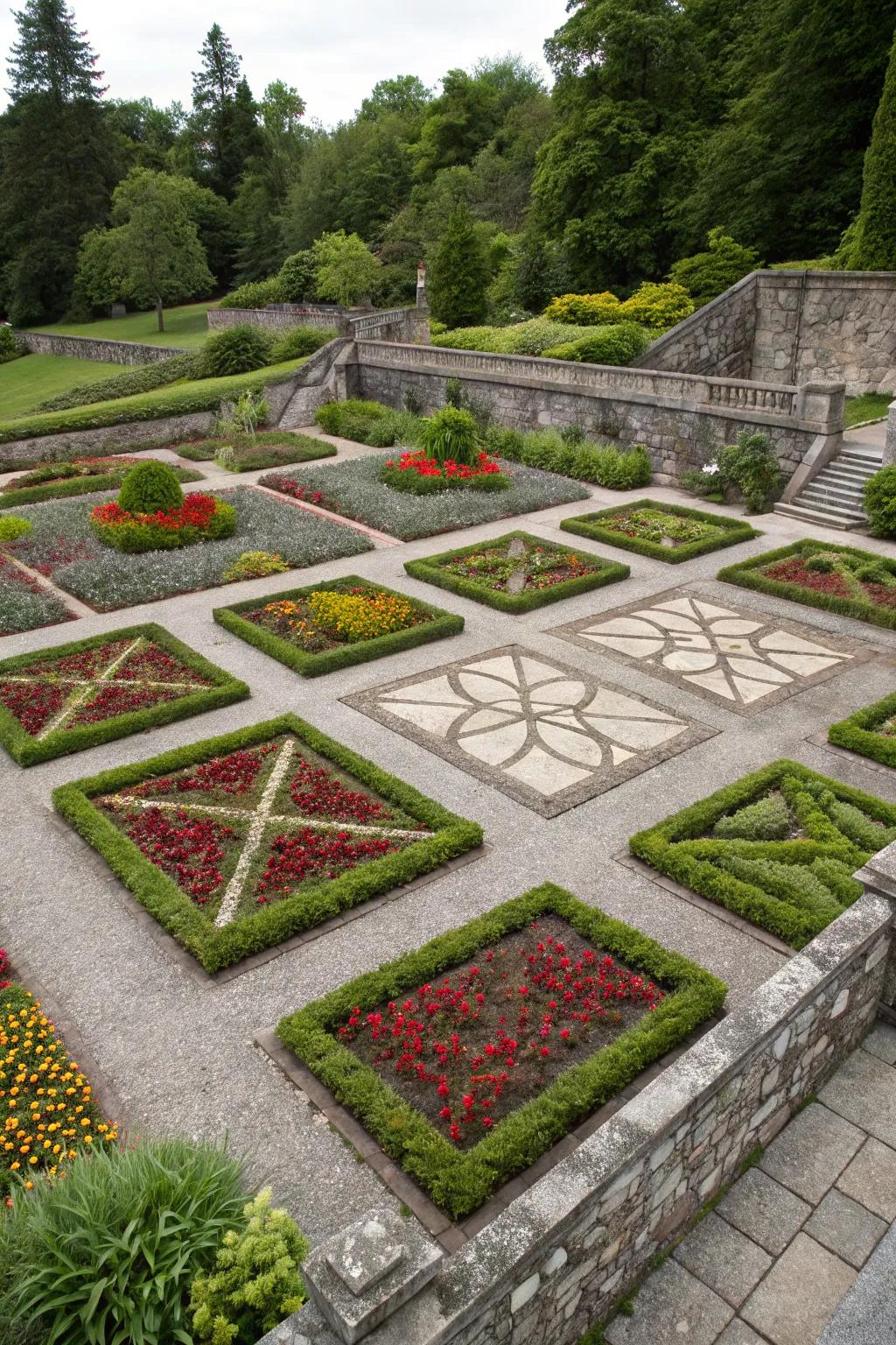 Geometric patterns infuse a contemporary twist into this sunken garden.