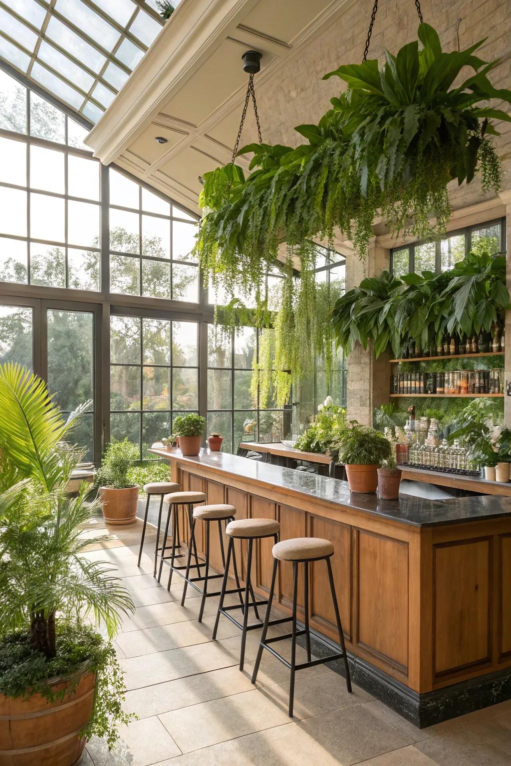 Indoor botanicals introduce vibrancy and freshness to your sunroom bar.