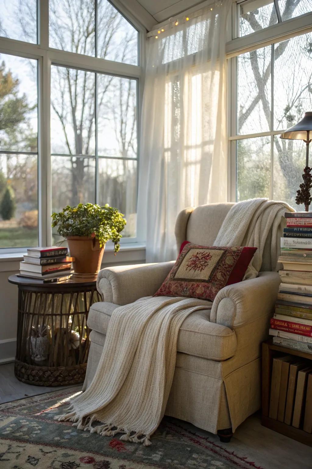 A reading alcove offers a peaceful getaway in the sunroom.