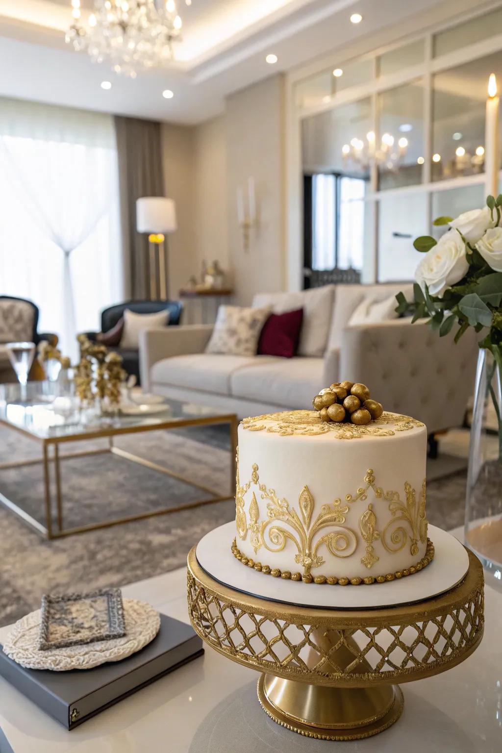 A cake enhanced with auric accents, imparting a luxurious nuance to the sweet sixteen celebration.