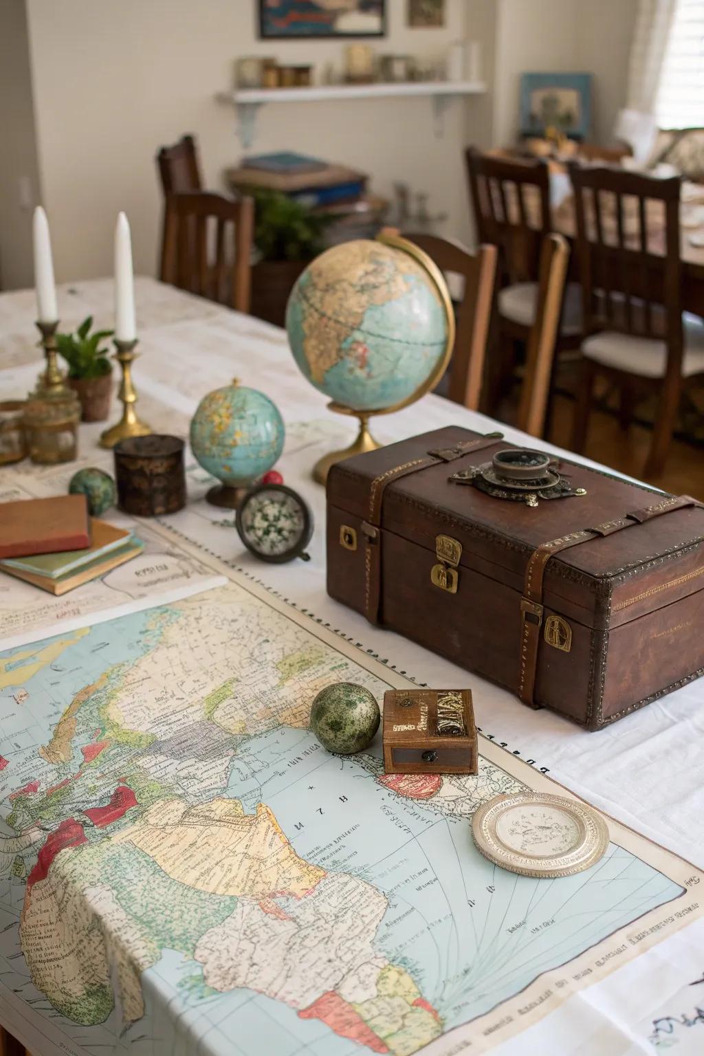 Antique charts establish a storytelling centerpiece.