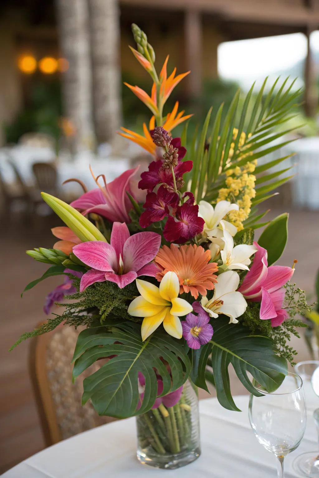 A vibrant tropical centerpiece showcasing exotic anthuriums and orchids.
