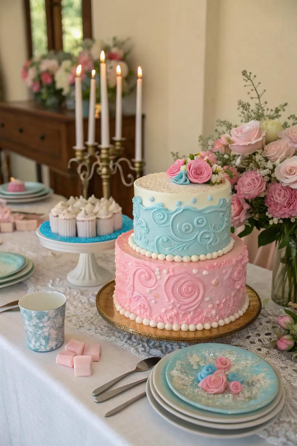 A breathtaking gender affirmation cake acts as the flawless table centerpiece.