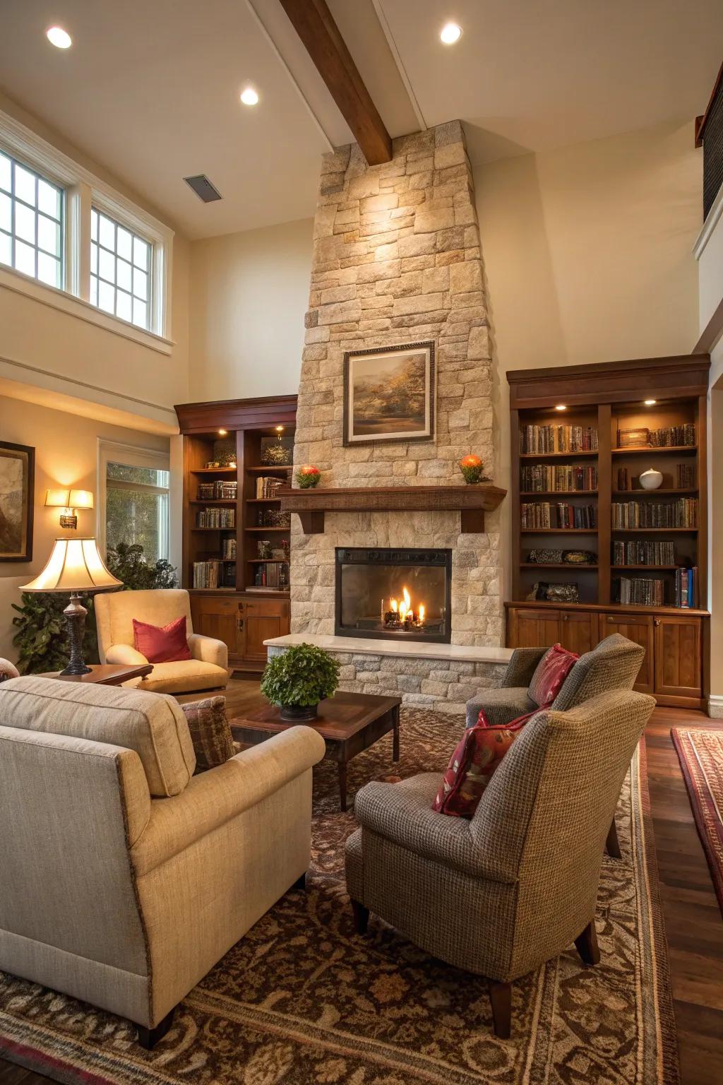 Comfortable seating creates a welcoming atmosphere around a fireplace.