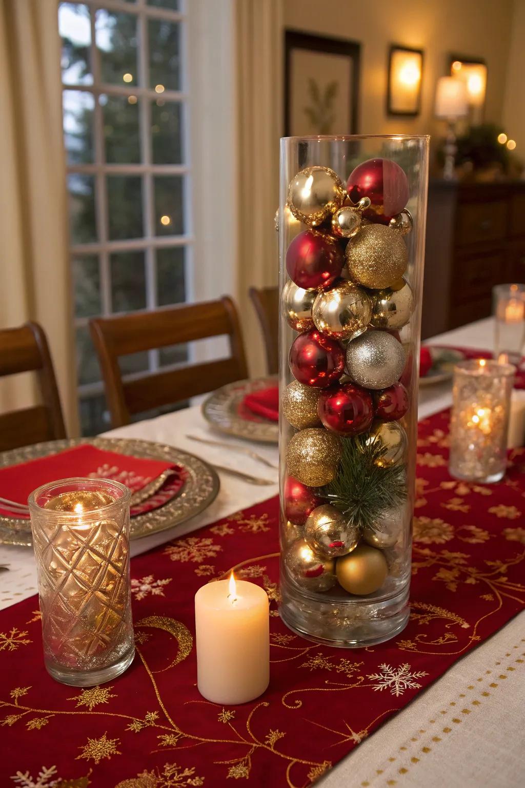 An elevated glass vase adorned with metallic ornamentation, thereby fashioning a celebratory atmosphere upon a holiday repast table.