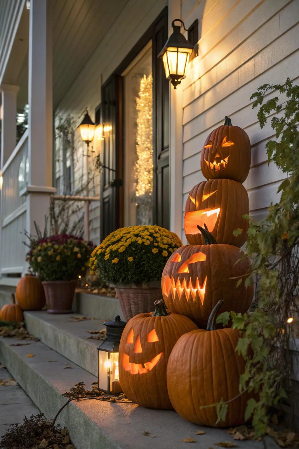 Cultivate a haunting ambiance through a gathering of phantom-faced pumpkins.