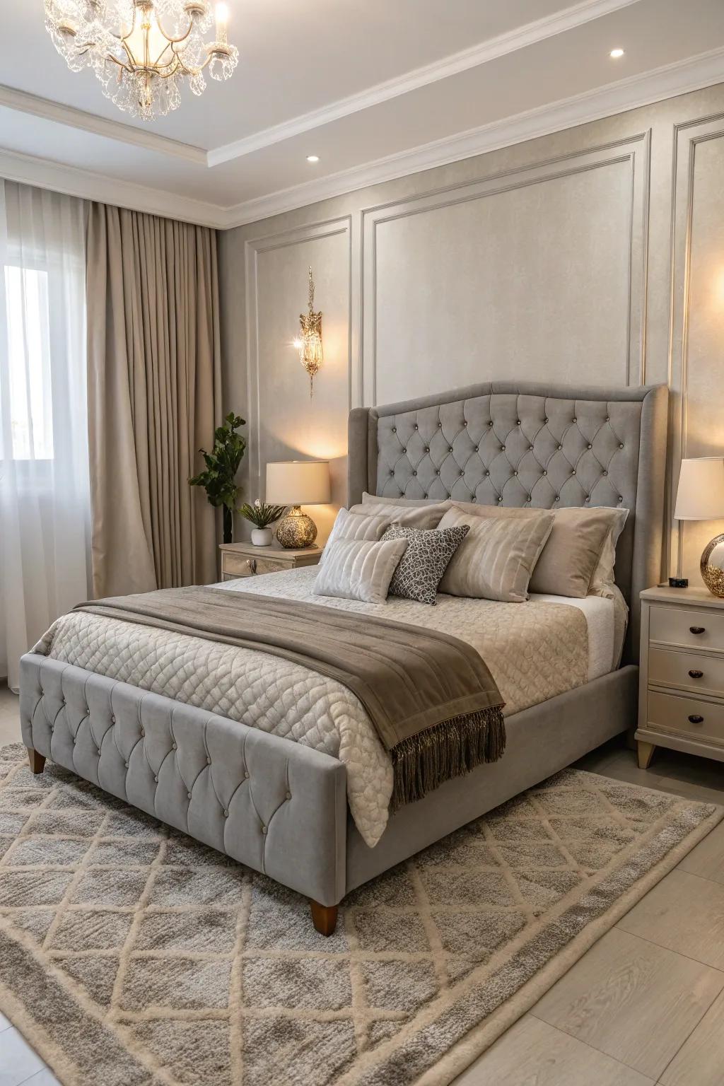 A sleek grey bedframe within a soft brown and grey setting.