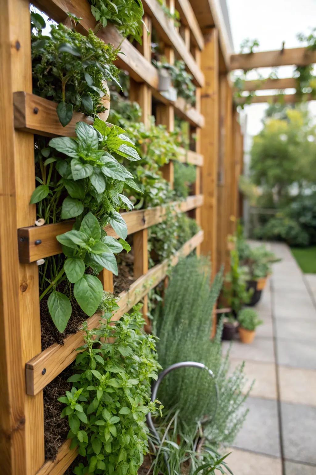 A skyward herb structure, transforming a plain wall into a tea-lover's paradise.