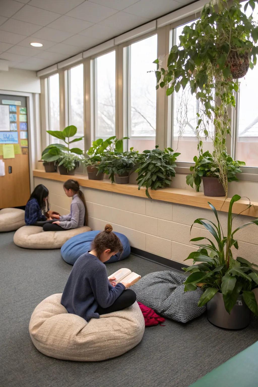 An attentiveness zone furnishes a serene sanctuary within the classroom.