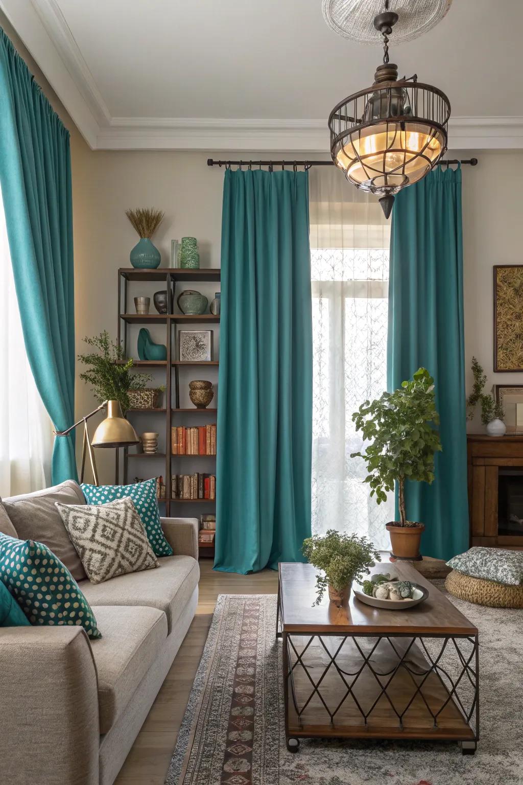 Aquamarine curtains frame the windows beautifully, enhancing the room’s ambiance.
