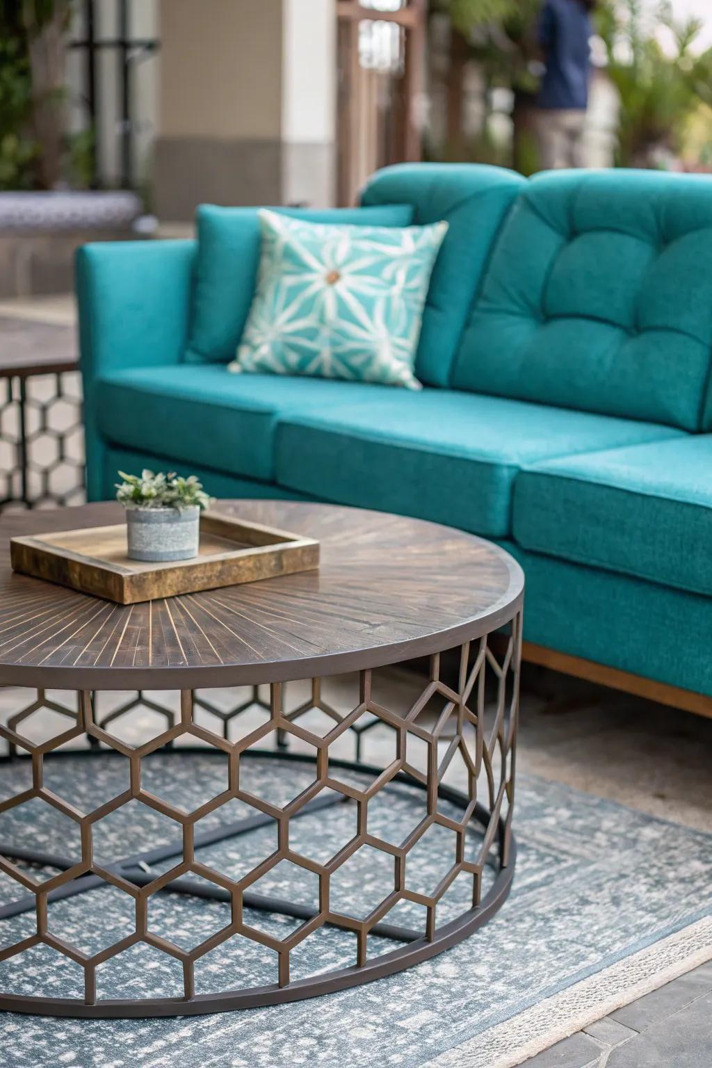 A statement coffee table can enhance the look of a teal settee.