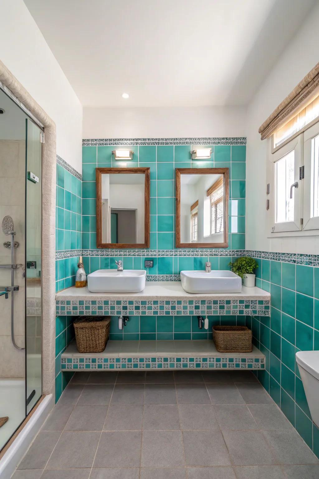 Teal tile borders present an understated yet elegant accent.