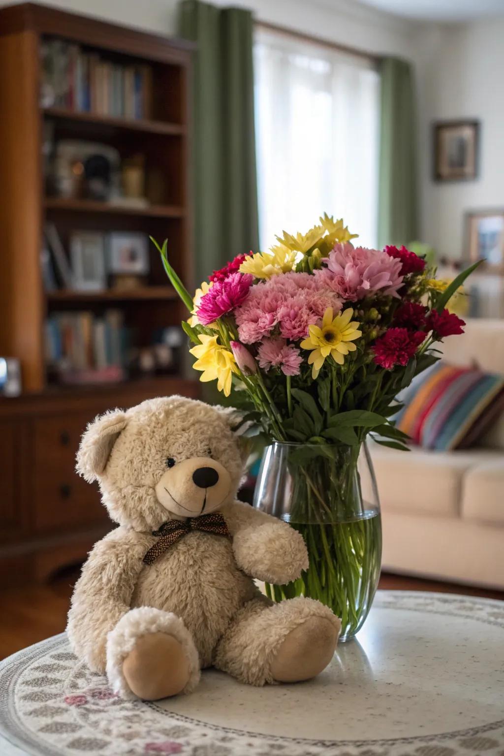 A charming centerpiece showcasing a cuddly bear and a blossom-enriched vase.