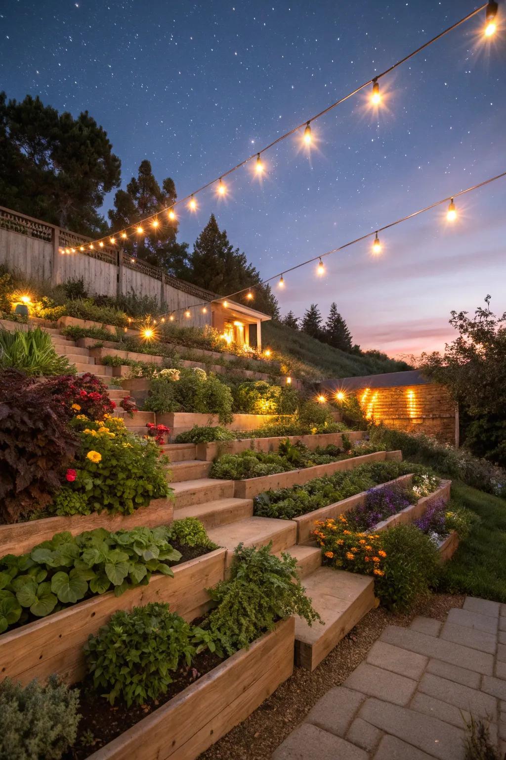 Thoughtful lighting design in a terraced garden, enhancing evening ambiance and safety.