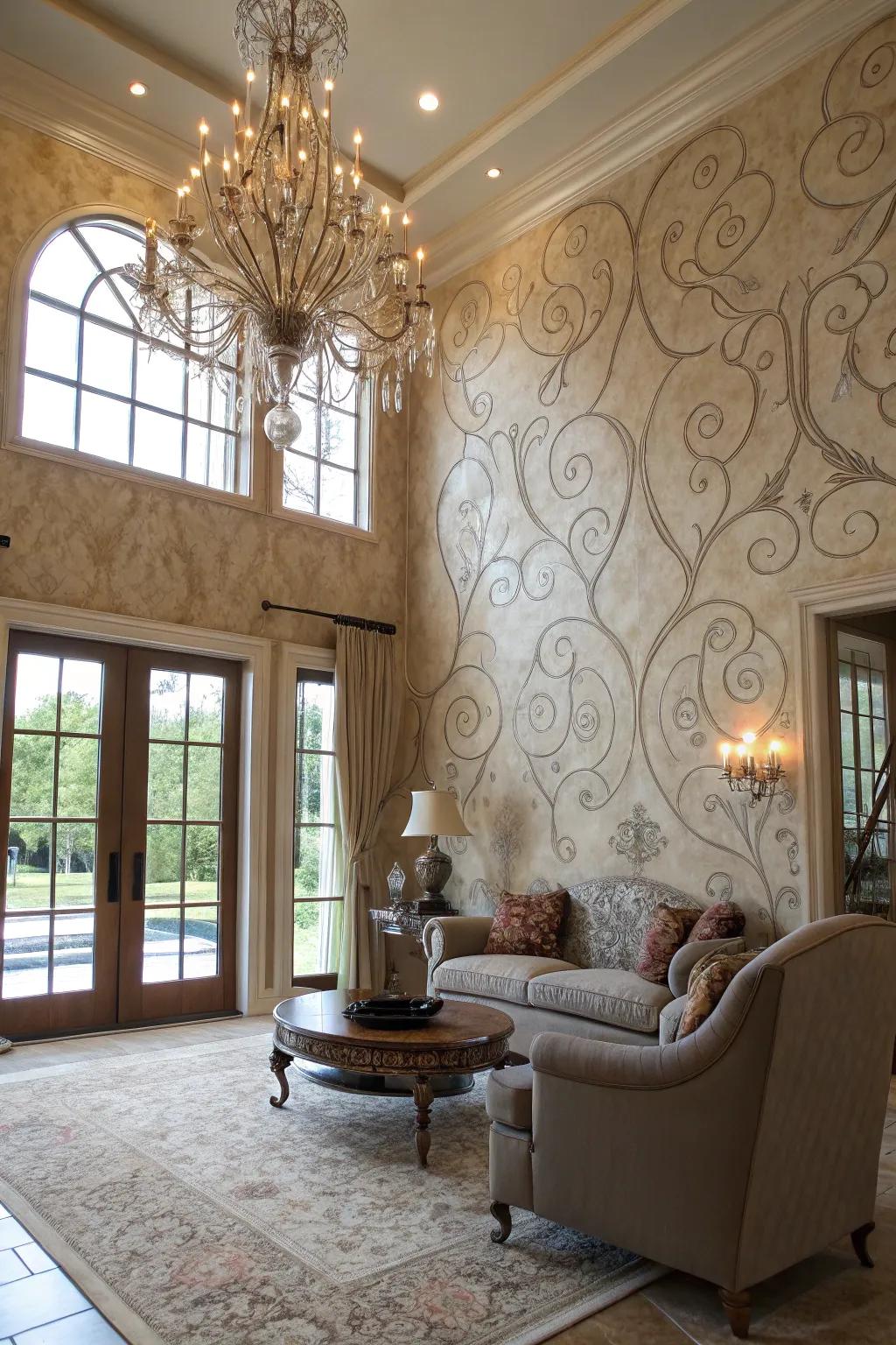 An opulent living space with a luxurious Venetian plaster wall.