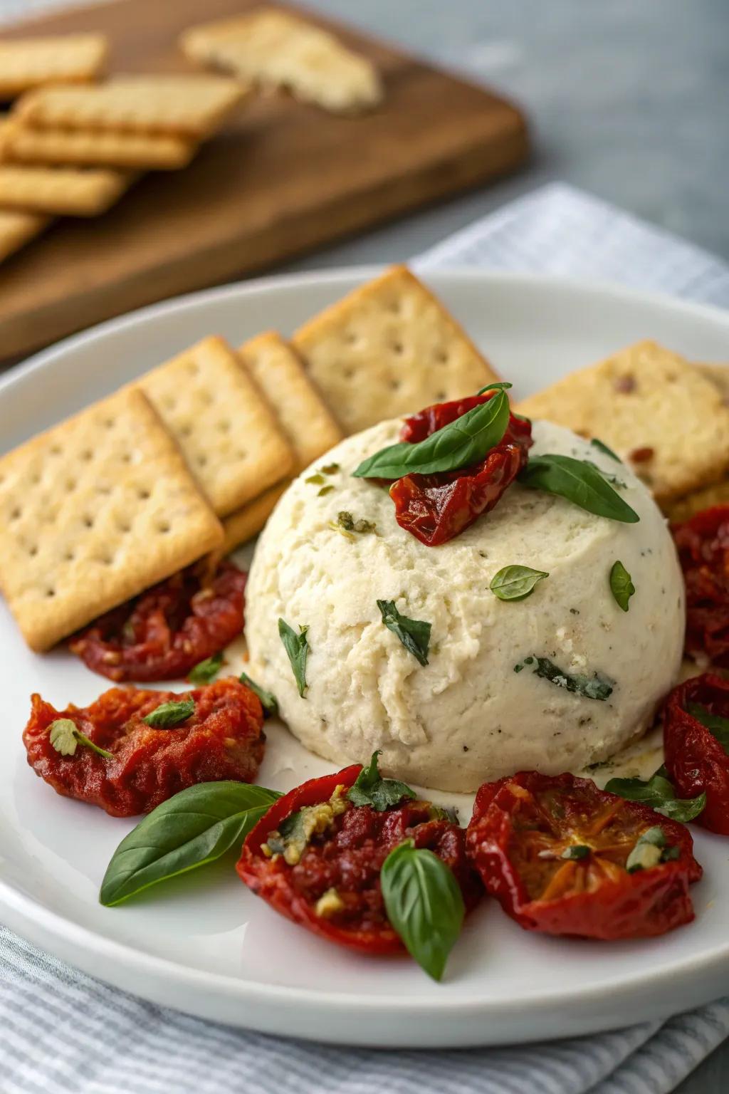 A sun-kissed tomato cheese ball, flush with vibrant flavors.