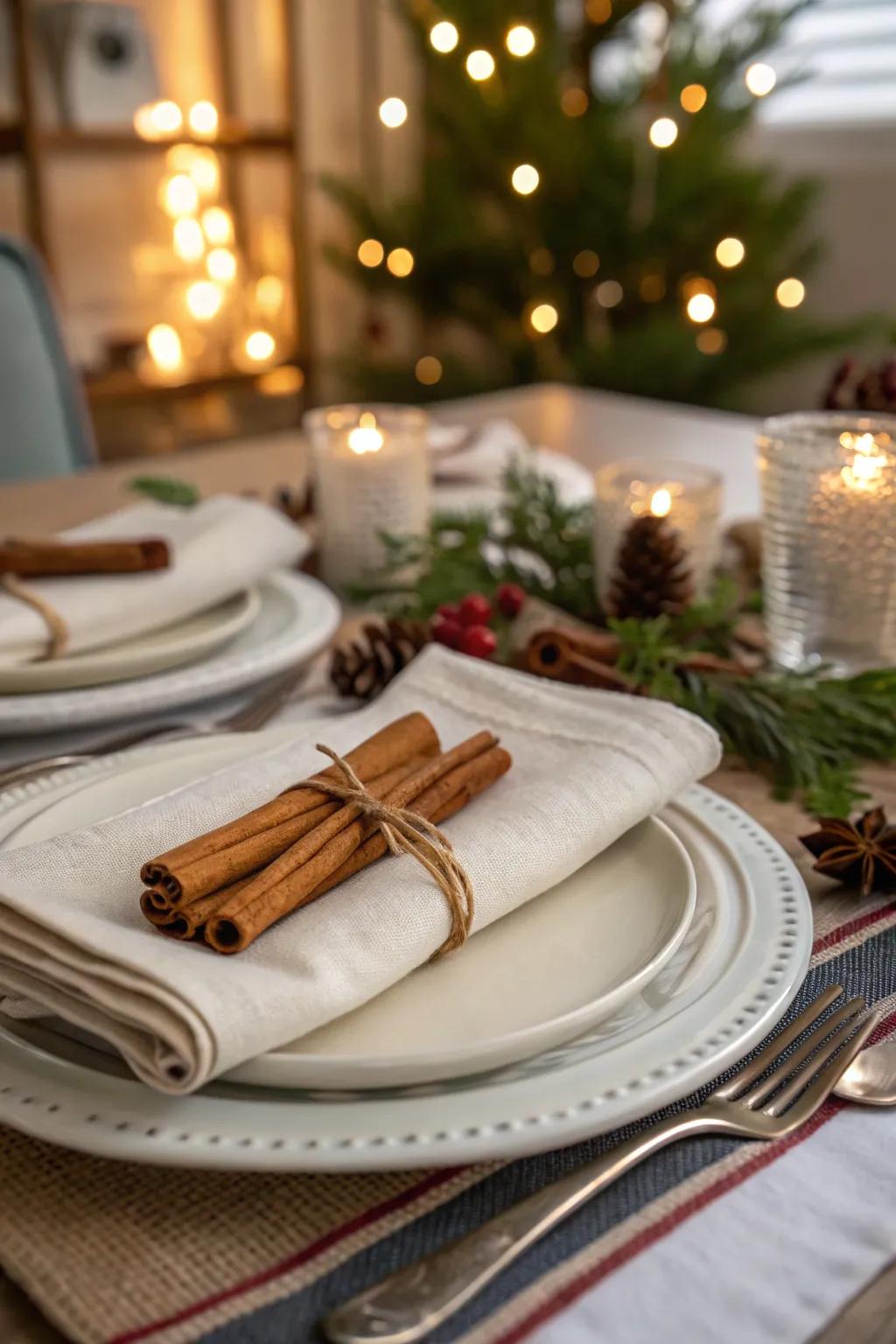 Cinnamon sticks impart a fragrant and festive charm to your table arrangement.