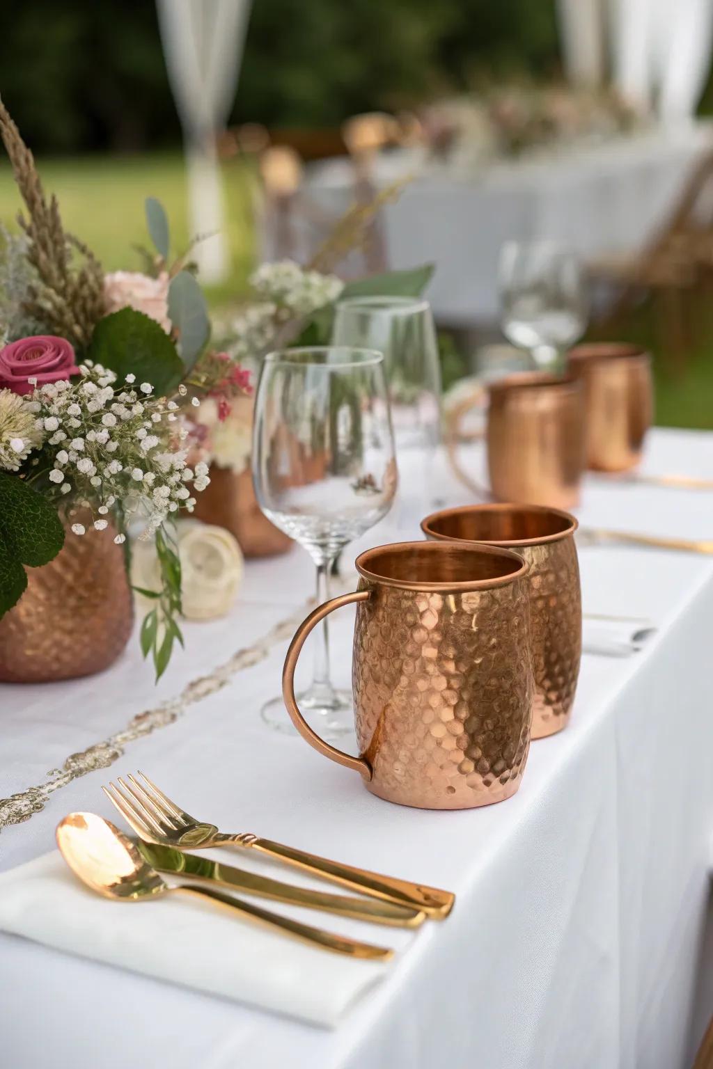 Metallic elements contribute a festive shimmer to the table.