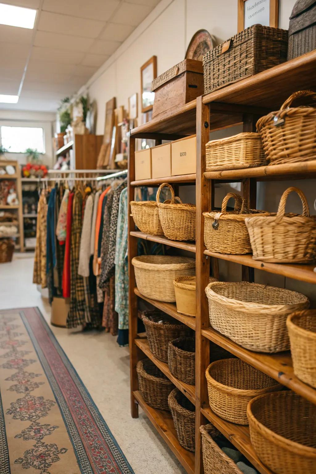 Woven baskets infusing arrangement and texture into a space.