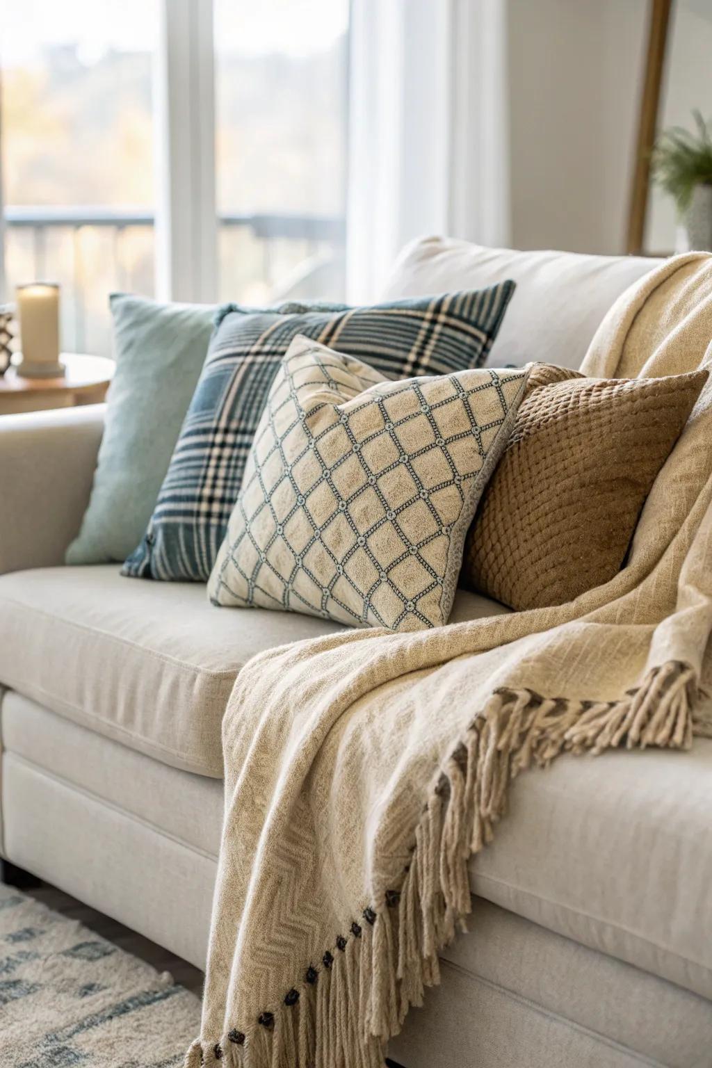 An inviting setup with a comfortable throw layered with cushions.