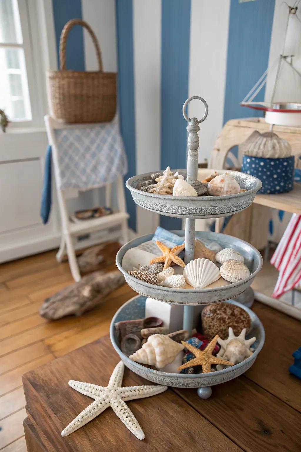 A coastal-themed tiered tray captures the essence of the sea.