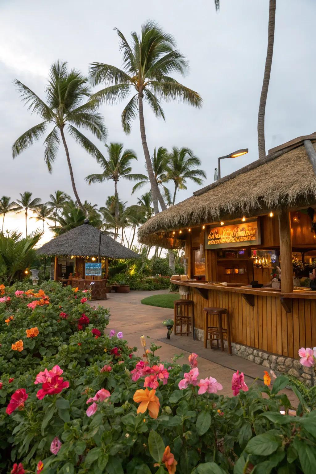 The lush vibe of your tiki bar is accentuated with tropical plants.