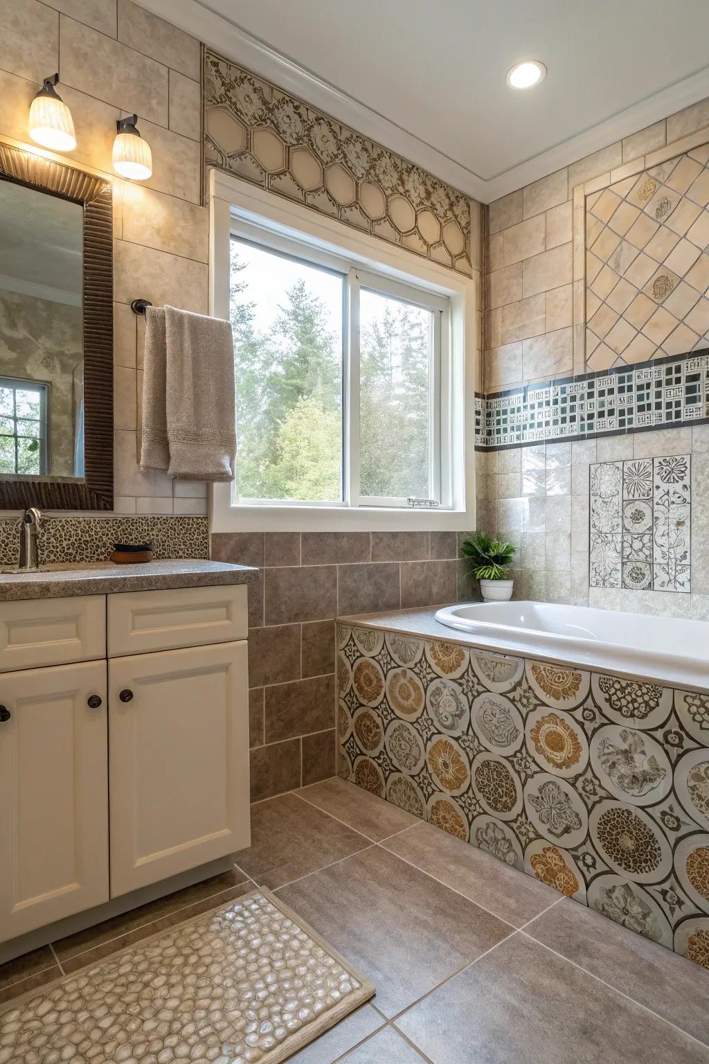 Design a unique scheme blending various tile materials.