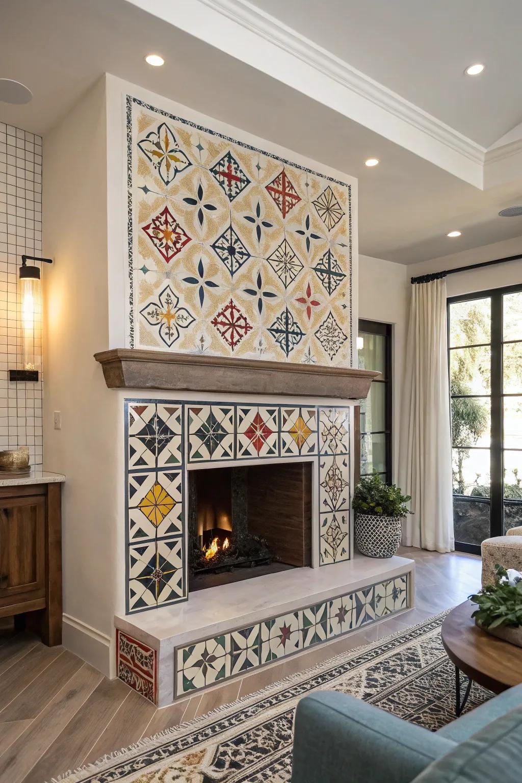 Geometric tiles inject a contemporary twist into this fireplace.