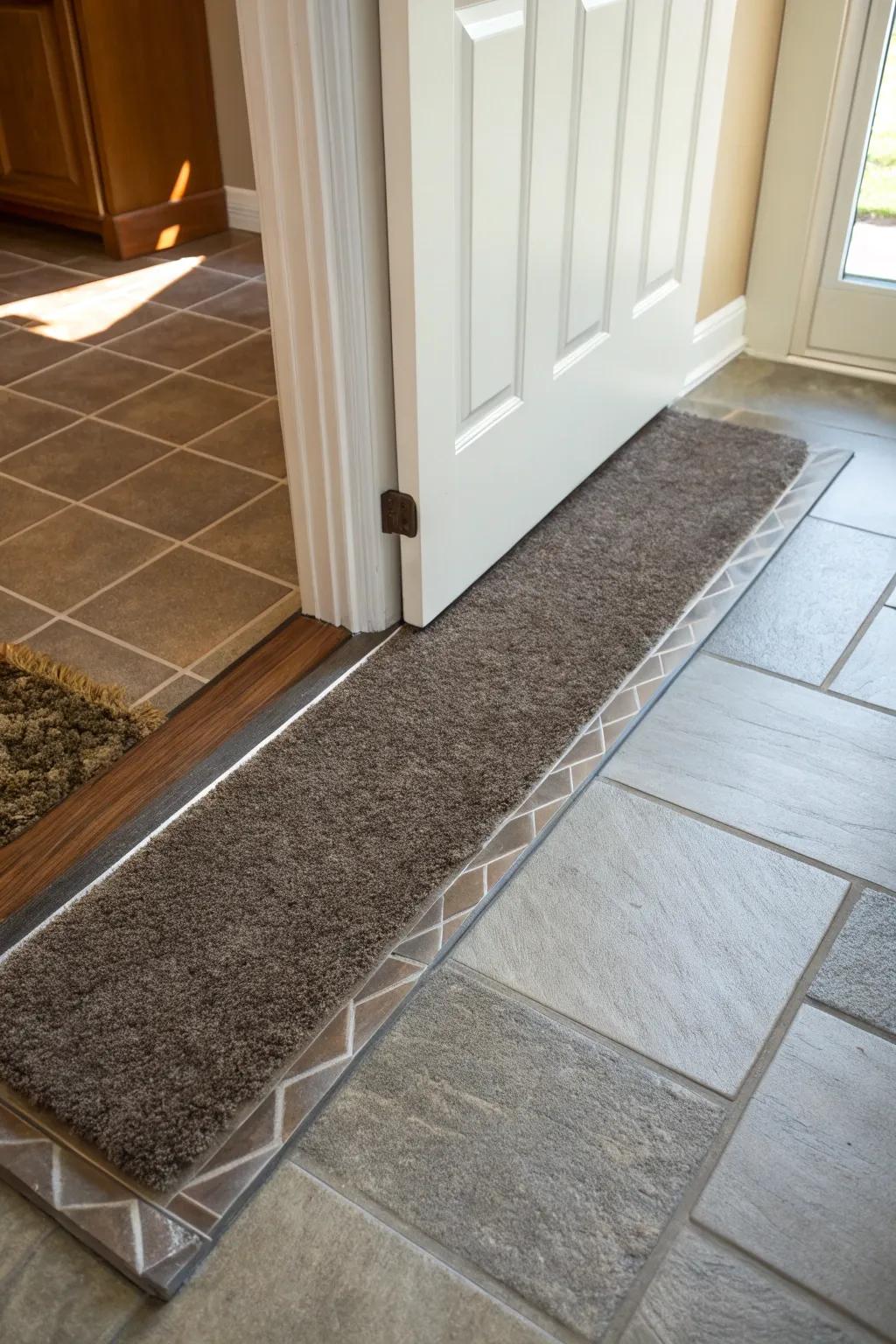A surface transition neatly separates ceramic and carpet.
