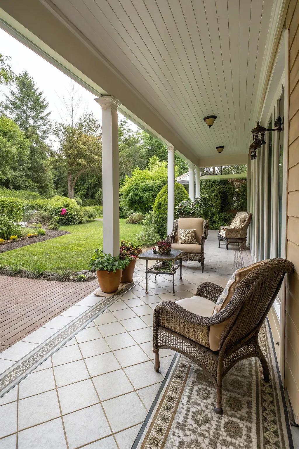 This covered deck is perfect for enjoying the outdoors, no matter the weather.