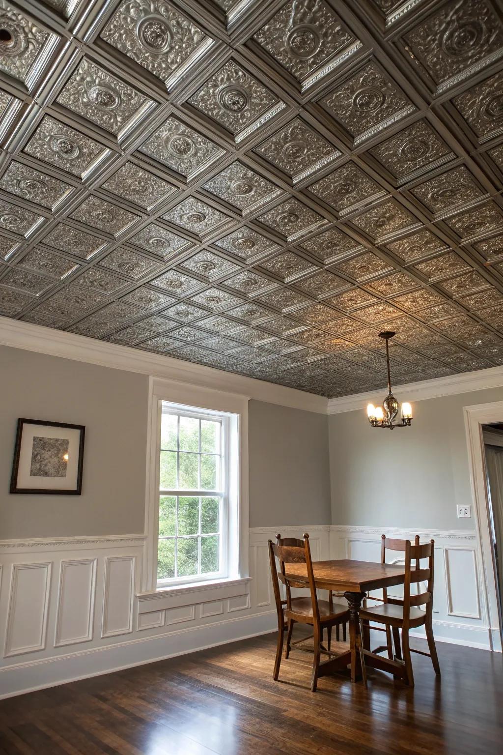 A coffered ceiling introduces depth and elegance.