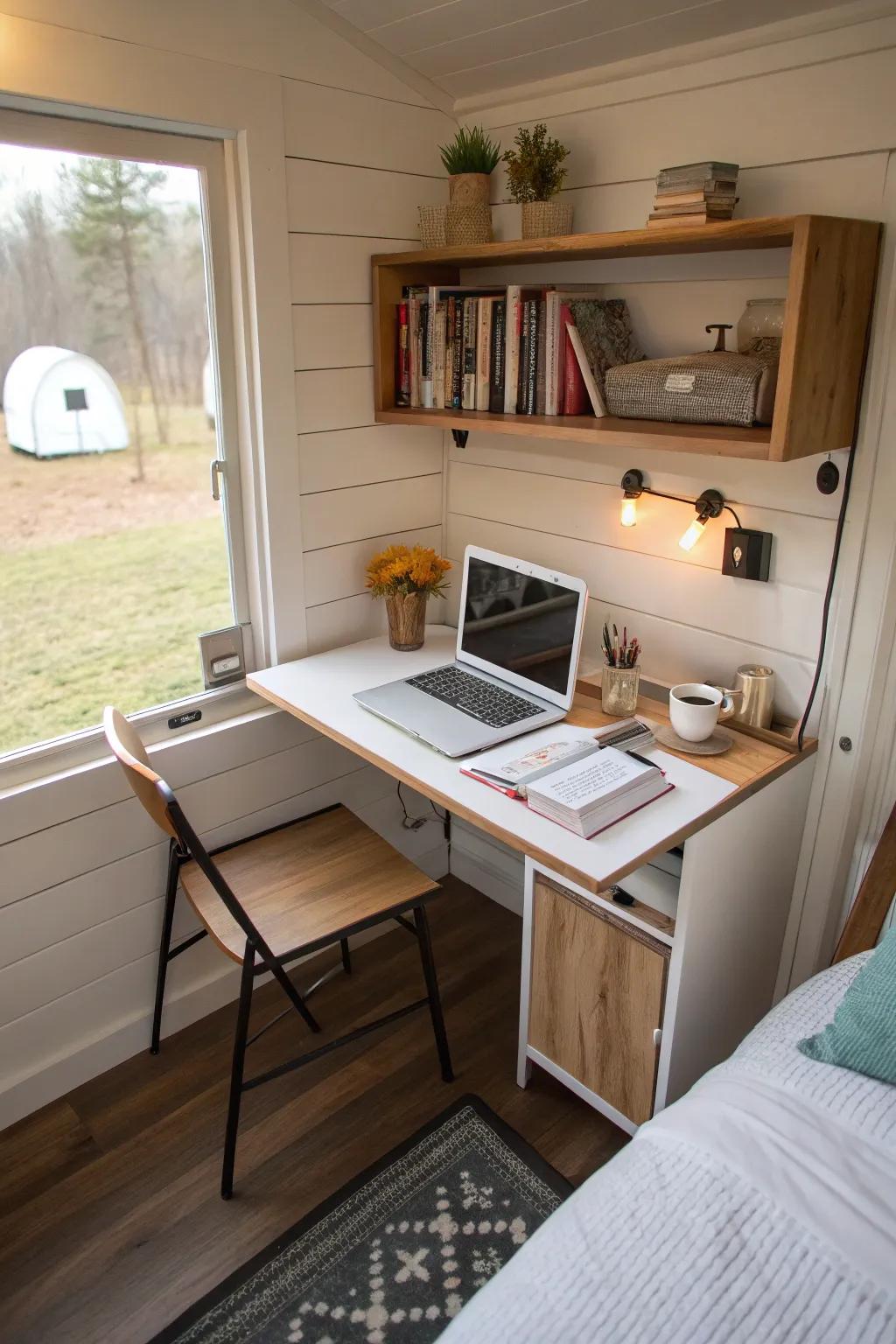 A desk that folds away offering flexibility in a small home sleeping space.