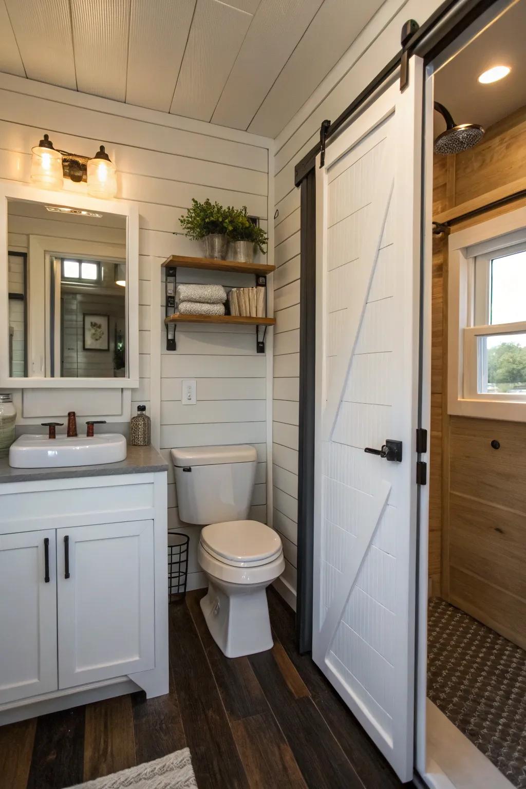 Space-saver doors optimize space in this compact bathroom.